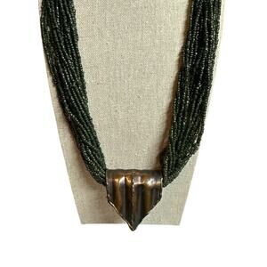 Womens Multiple Strand Green Glass Seed Bead Gold Tone Pendant 12" Drop Necklace